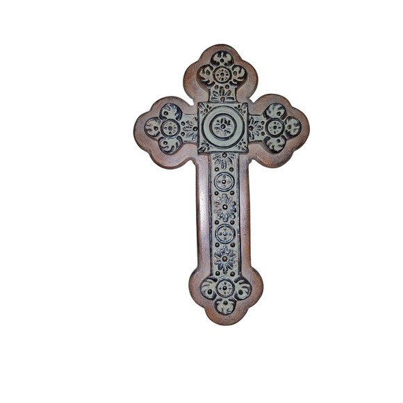 Vintage Brown Rustic Celtic Cross Resin Wall Hanging Décor Crucifix - Picture 1 of 4